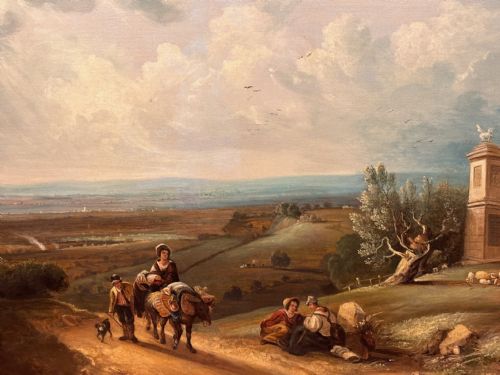 fig 1. An eighteenth-century framed oil painting depicting figures, animals, and a stone monument set within a rural landscape under a cloudy sky.