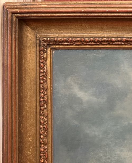 fig 2. An eighteenth-century framed oil painting depicting figures, animals, and a stone monument set within a rural landscape under a cloudy sky.