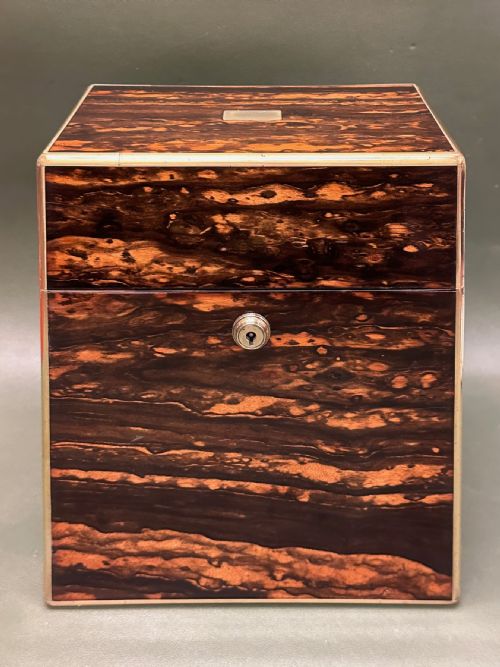 fig 1. 19th century Coromandel & brass-bound two-bottle Decanter box, by Leuchars of London