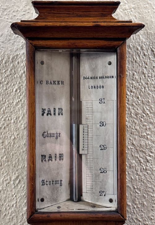 fig 1. 19th century honey-oak mercury Stick Barometer / Thermometer by Charles Baker, London