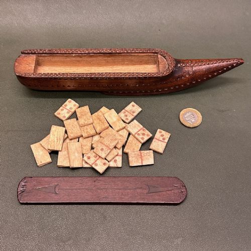 Early 19th Century Novelty Wooden Games Shoe / Ship with Bone Dominoes