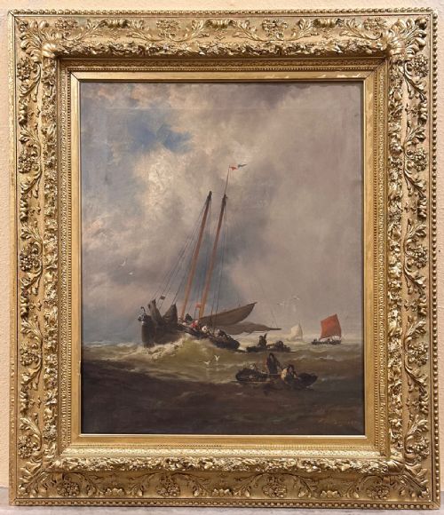 Impressive 19th Century Framed Oil Painting - "Fishing Boats Off the French Coast" by Franklin D. Briscoe (1844-1903)