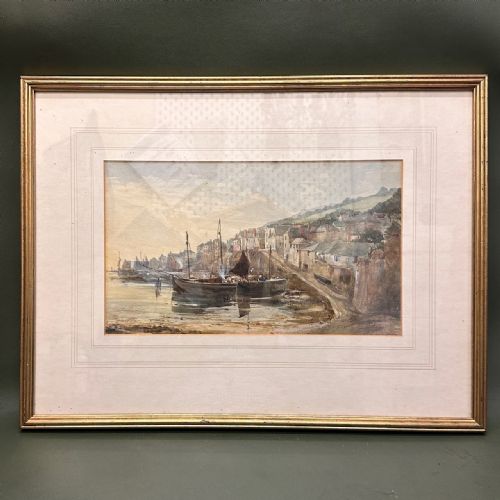 Late 19th Century Framed Watercolour Painting. Cornish Fishing Village (Cornish School)