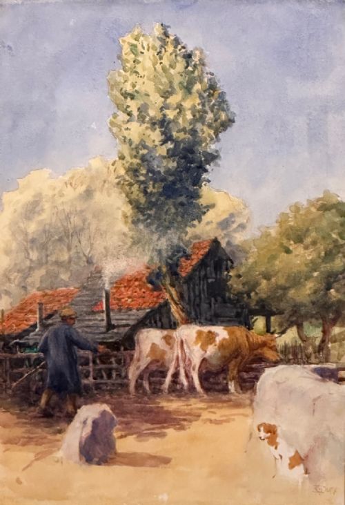 fig 1. A framed antique watercolour painting by John R. K. Duff depicting a farmer guiding two cattle near a rustic barn under a blue sky.