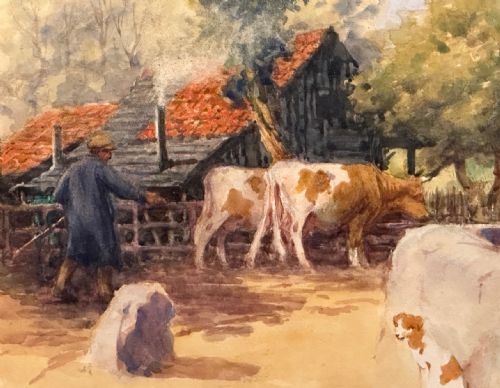 fig 2. A framed antique watercolour painting by John R. K. Duff depicting a farmer guiding two cattle near a rustic barn under a blue sky.