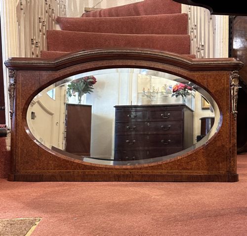 A LATE 19TH CENTURY BURR YEWWOOD AND ORMOLU OVERMANTEL MIRROR WITH DOMED TOP