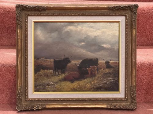 fig 1. Victorian Gilt Framed Oil painting on Panel – “Highland Cattle under heavy Skies” by Robert F. Watson. 1876