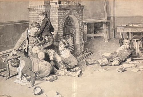 fig 1. A framed monochrome watercolour painting signed by Fortunino Matania, depicting several young boys scuffling and playing in a room near a brick fireplace.