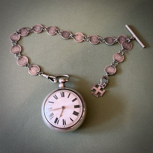 SILVER PAIR-CASED WATCH & CHAIN