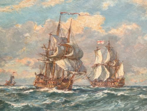 fig 1. A framed oil painting depicting historical sailing ships navigating choppy ocean waters beneath a cloudy sky.