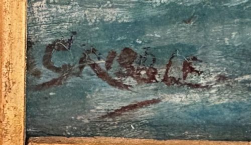 A framed oil painting depicting historical sailing ships navigating choppy ocean waters beneath a cloudy sky. View V
