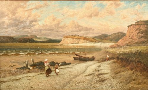 fig 1. An antique oil painting depicting a coastal shoreline scene with figures and boats, set inside an ornate gilded frame.