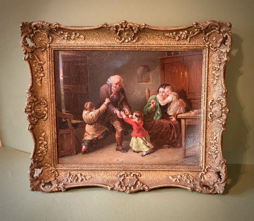 "Grandfather's Visit" a Good Oil Painting on Panel