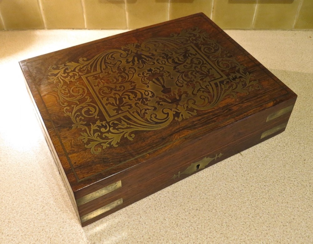 A LOVELY BRASS-INLAID ROSEWOOD LADY'S WRITING BOX