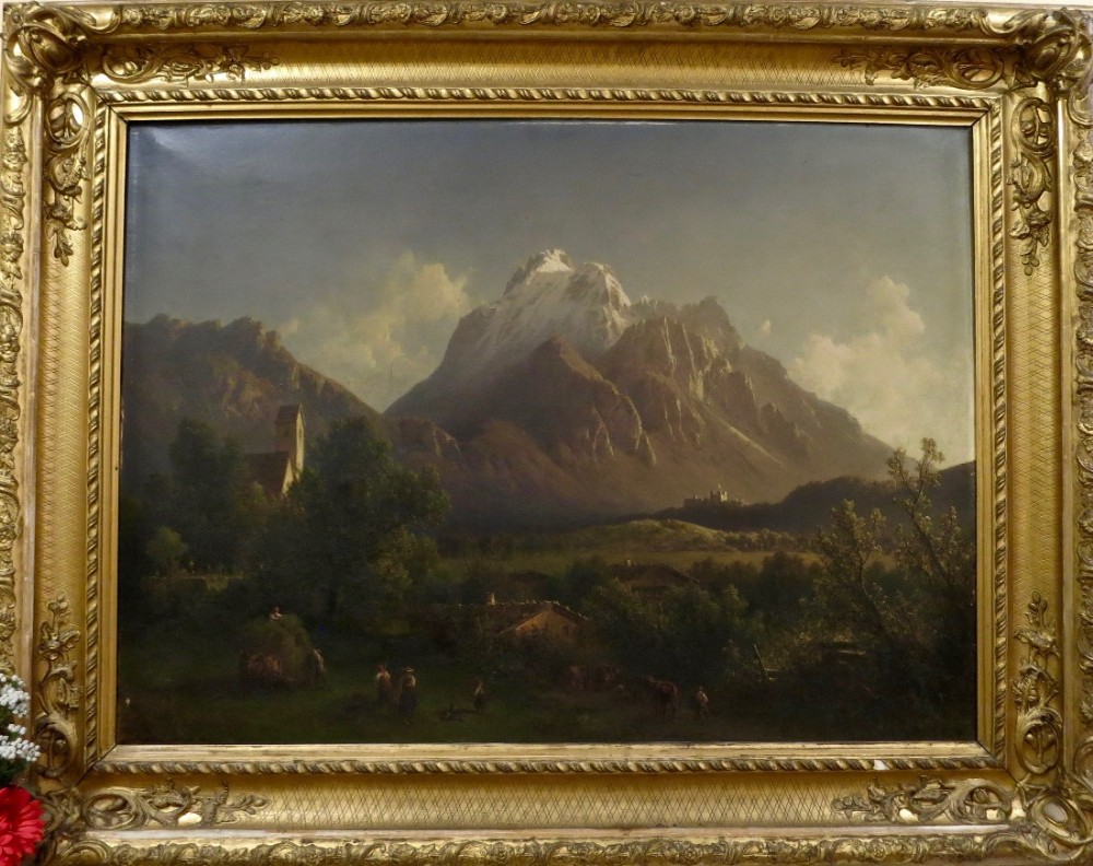 LARGE IMPRESSIVE GERMAN OIL OF ALPINE SCENE