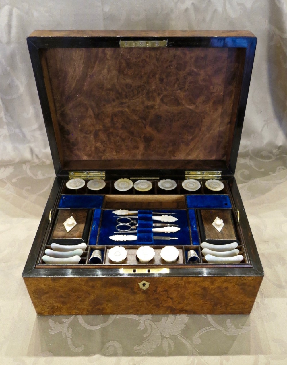 FULLY FITTED BURR WALNUT SEWING BOX