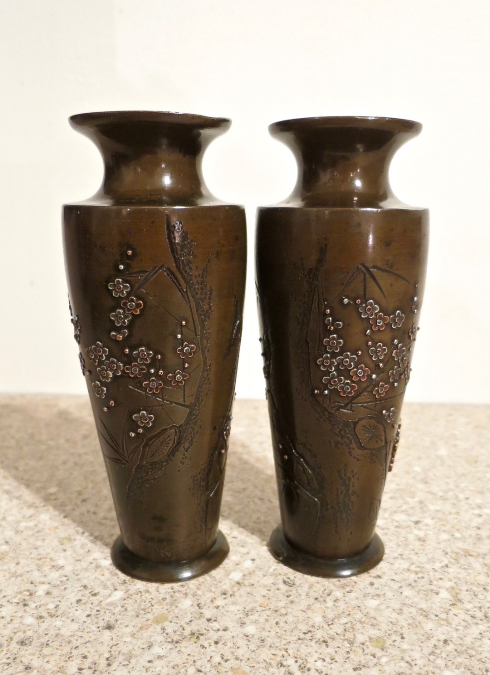 CHARMING PAIR OF JAPANESE INLAID BRONZE VASES