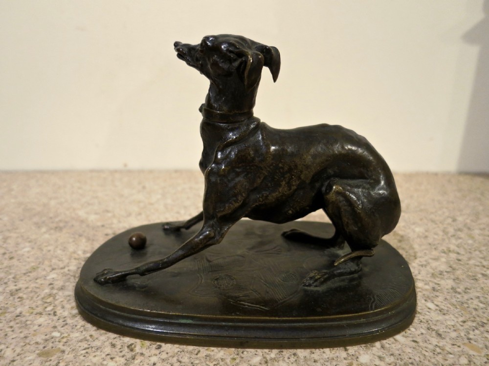 P.J.MENE: BRONZE SCULPTURE OF A PLAYFUL WHIPPET View II