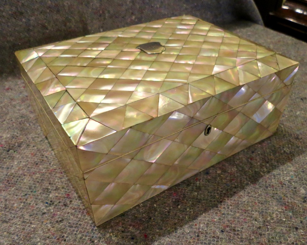 FULLY FITTED MOTHER-OF-PEARL SEWING BOX View II