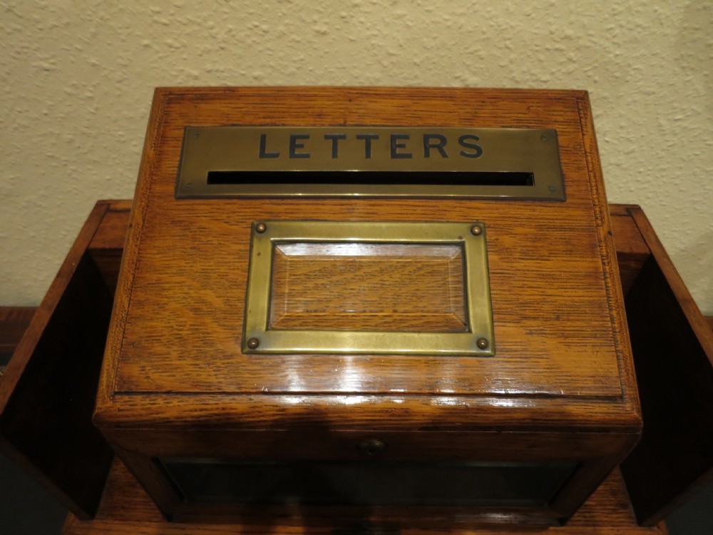 OAK BRASS-BOUND DOMESTIC  POST & TELEGRAM BOX View II
