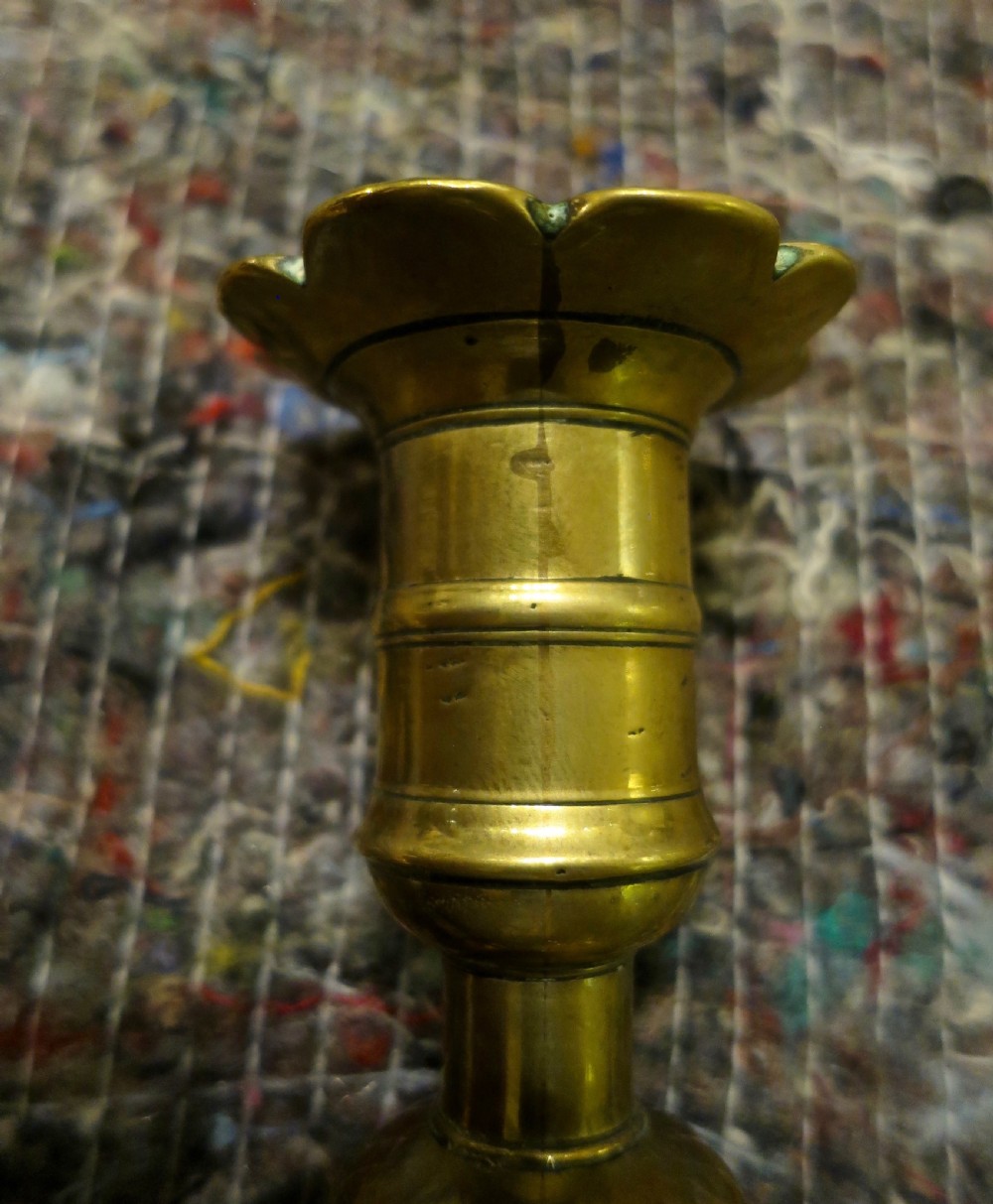 PAIR EARLY 18TH CENTURY BRASS CANDLESTICKS View IV