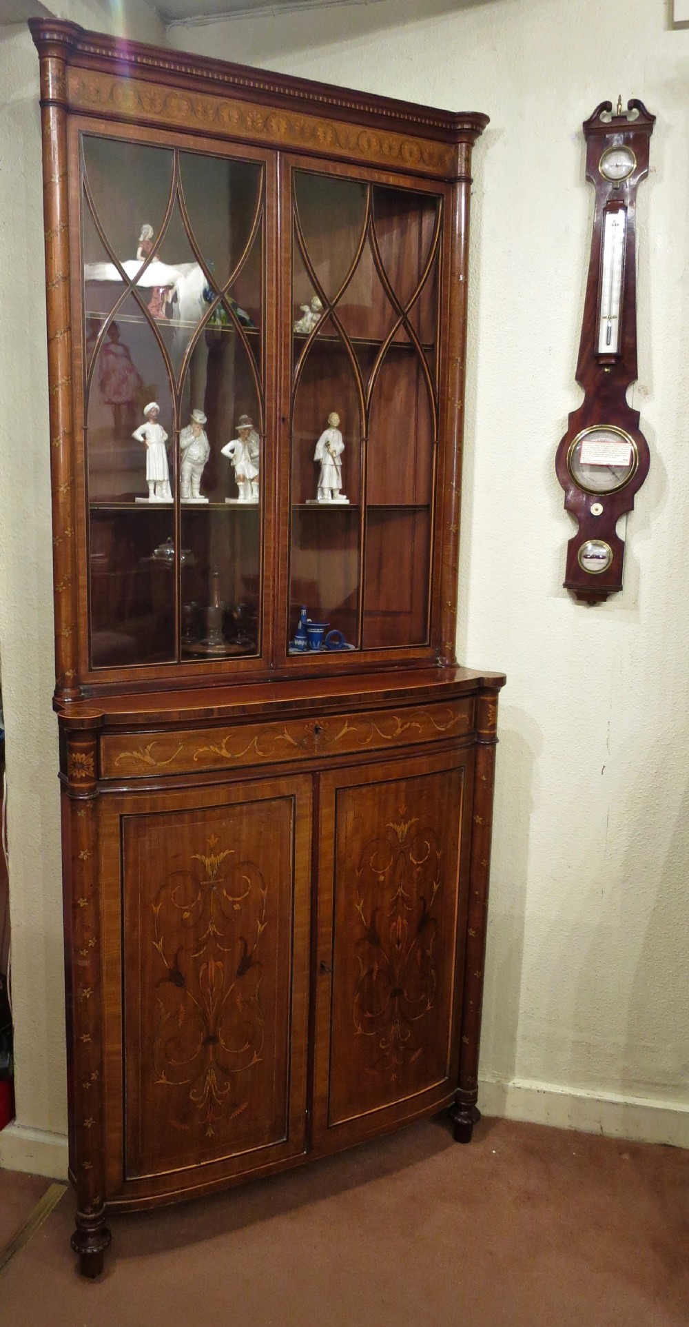 MARQUETRY SHERATON REVIVAL STANDING CORNER CABINET