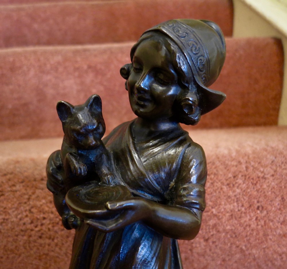  GIRL FEEDING A KITTEN: BRONZE FIGURE View II