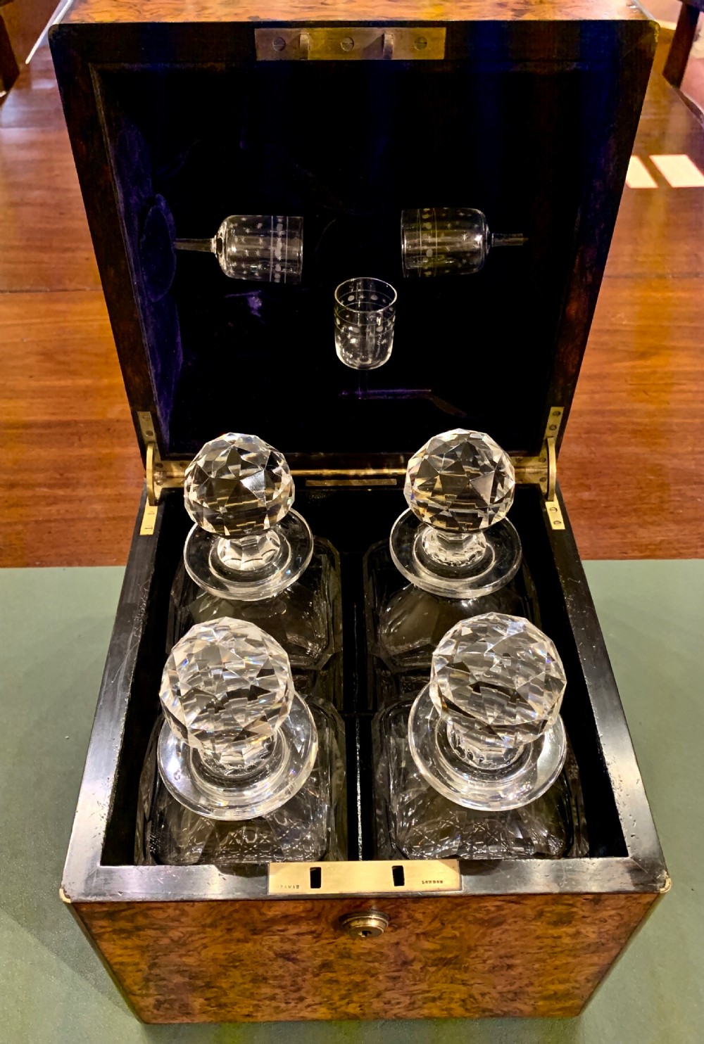 WALNUT DECANTER BOX WITH 4 ORIGINAL DECANTERS View III