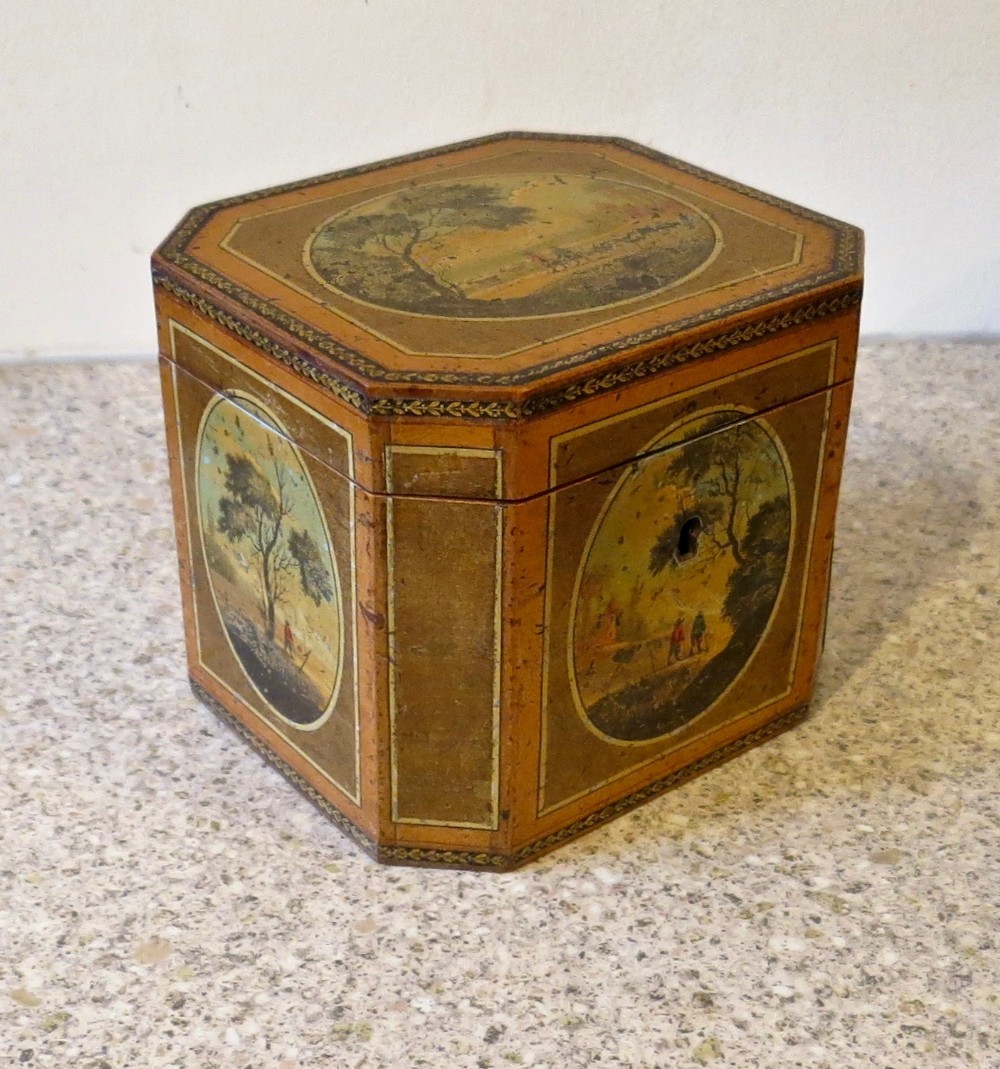 A RARE DECORATED CONTINENTAL TEA CADDY