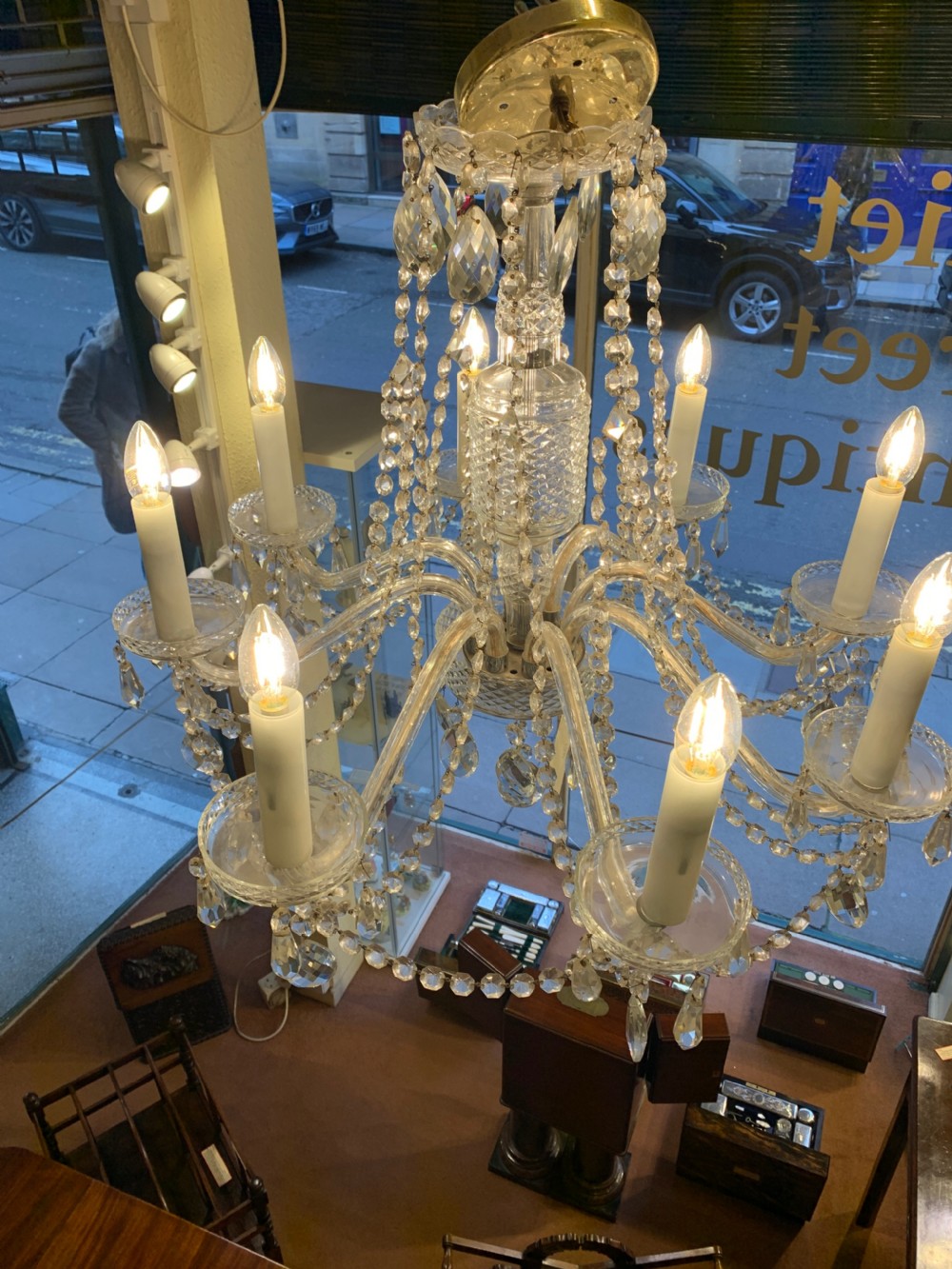 Elegant Edwardian English Cut-Glass Chandelier View II