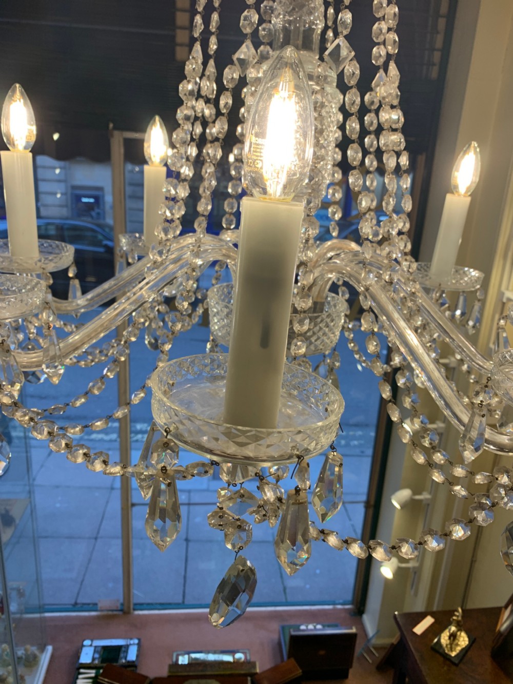 Elegant Edwardian English Cut-Glass Chandelier View V