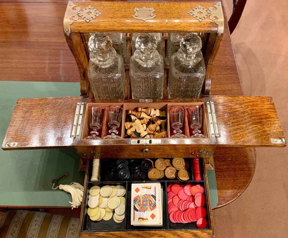 Victorian Oak Tantalus and Games Compendium View II