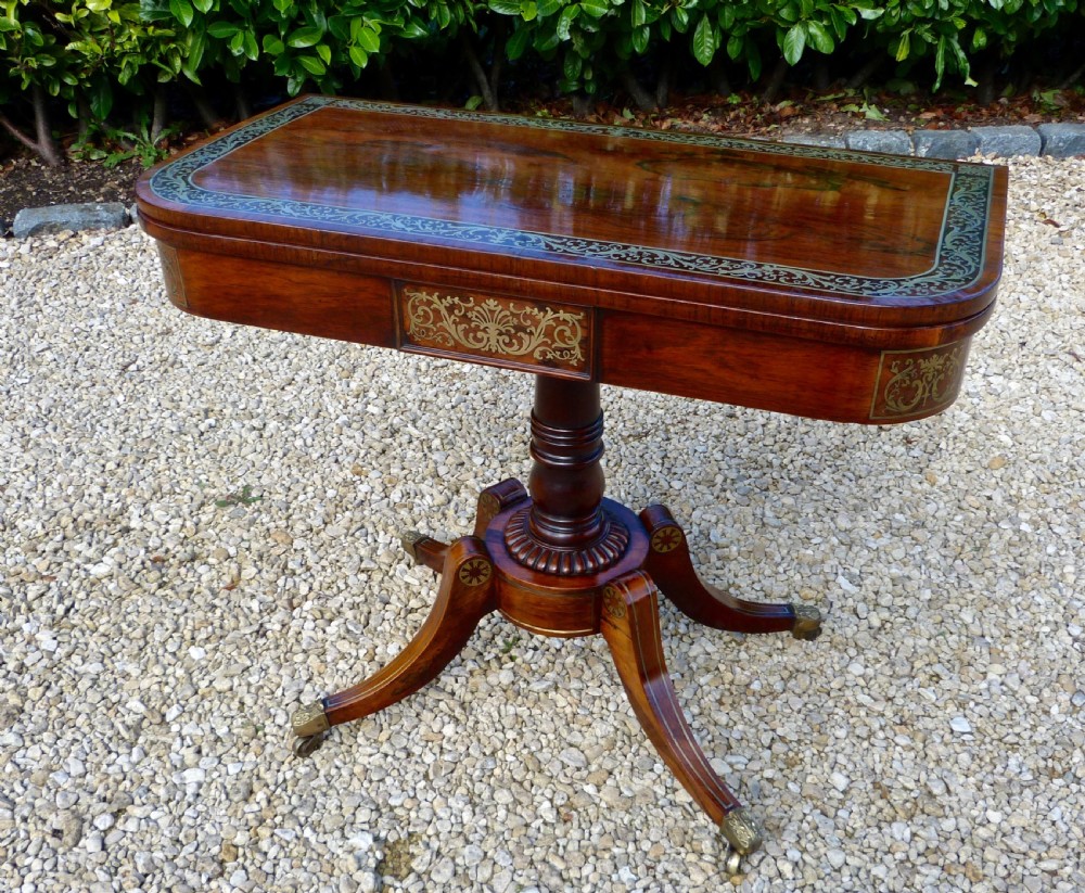 FINE BRASS-INLAID ROSEWOOD REGENCY CARD TABLE View II
