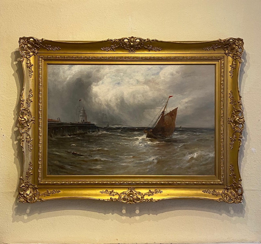  Oil on Canvas entitled - Squally Weather, Gorleston Harbour - By Gustave de Breanski (1856-1898)
