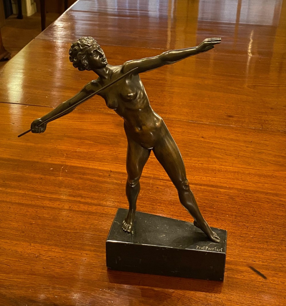 Prof Otto Poertzel - Art Deco Bronze Nude Javelin Thrower