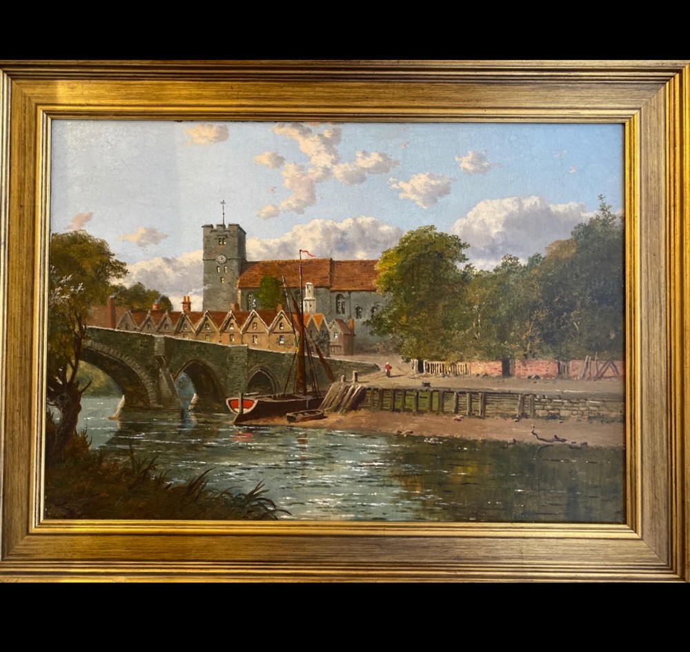 19th Century Framed Oil on Canvas - Bridge at Aylesford, Kent, by Edward H Niemann