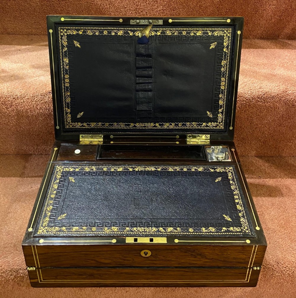 Mid 19th Century 3-Section Rosewood Writing Box with Hallmarked Silver Inkwell