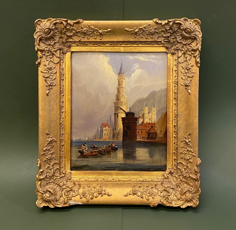After Clarkson Stanfield: Oil Painting on panel of a Continental river scene, circa 1830