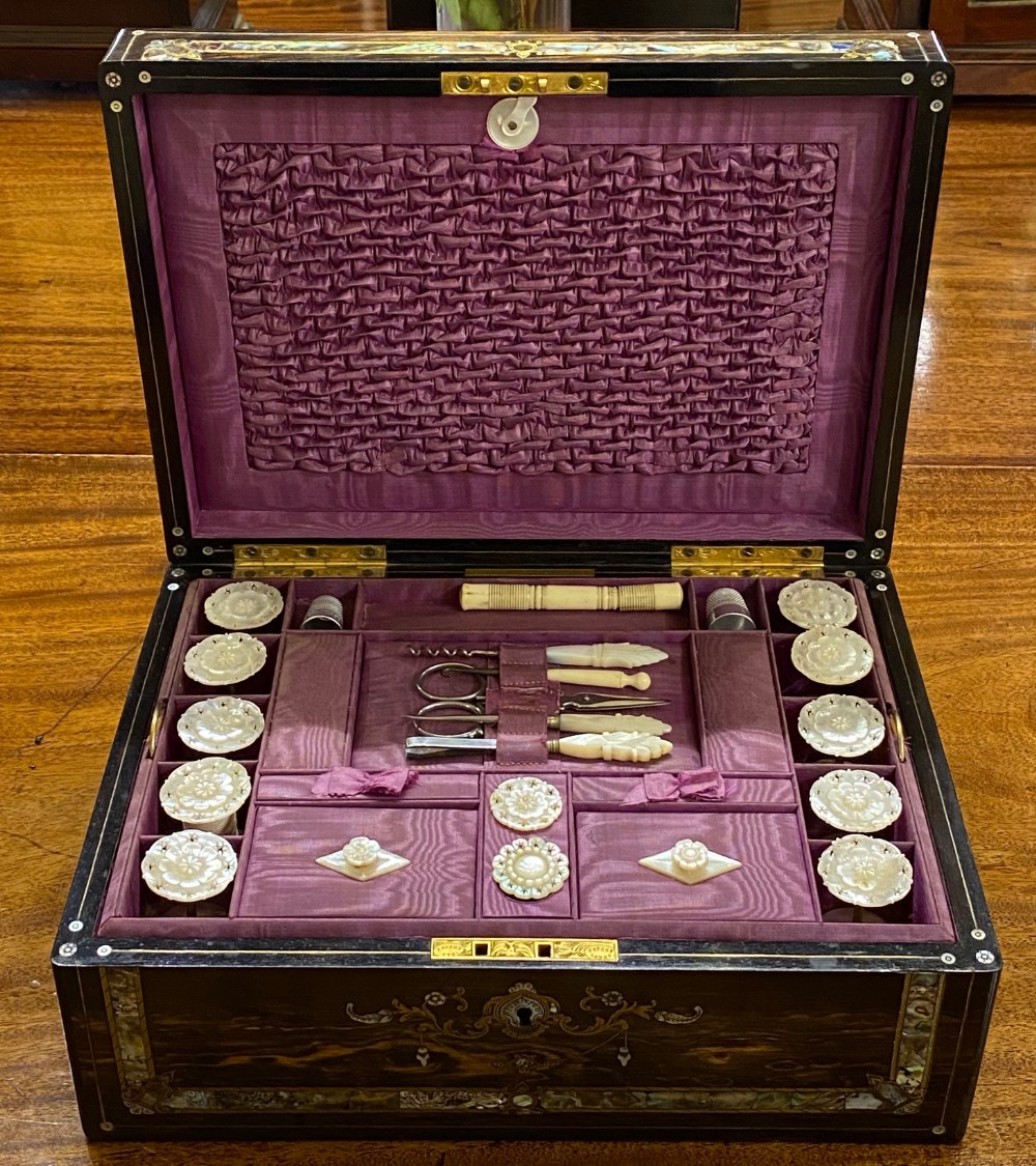 A Very Good Mid Victorian Coromandel-Wood SEWING BOX With Many Extras
