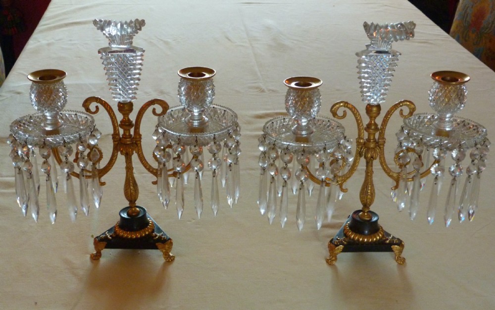 FINE PAIR OF ORMOLU AND GLASS TABLE LUSTRES