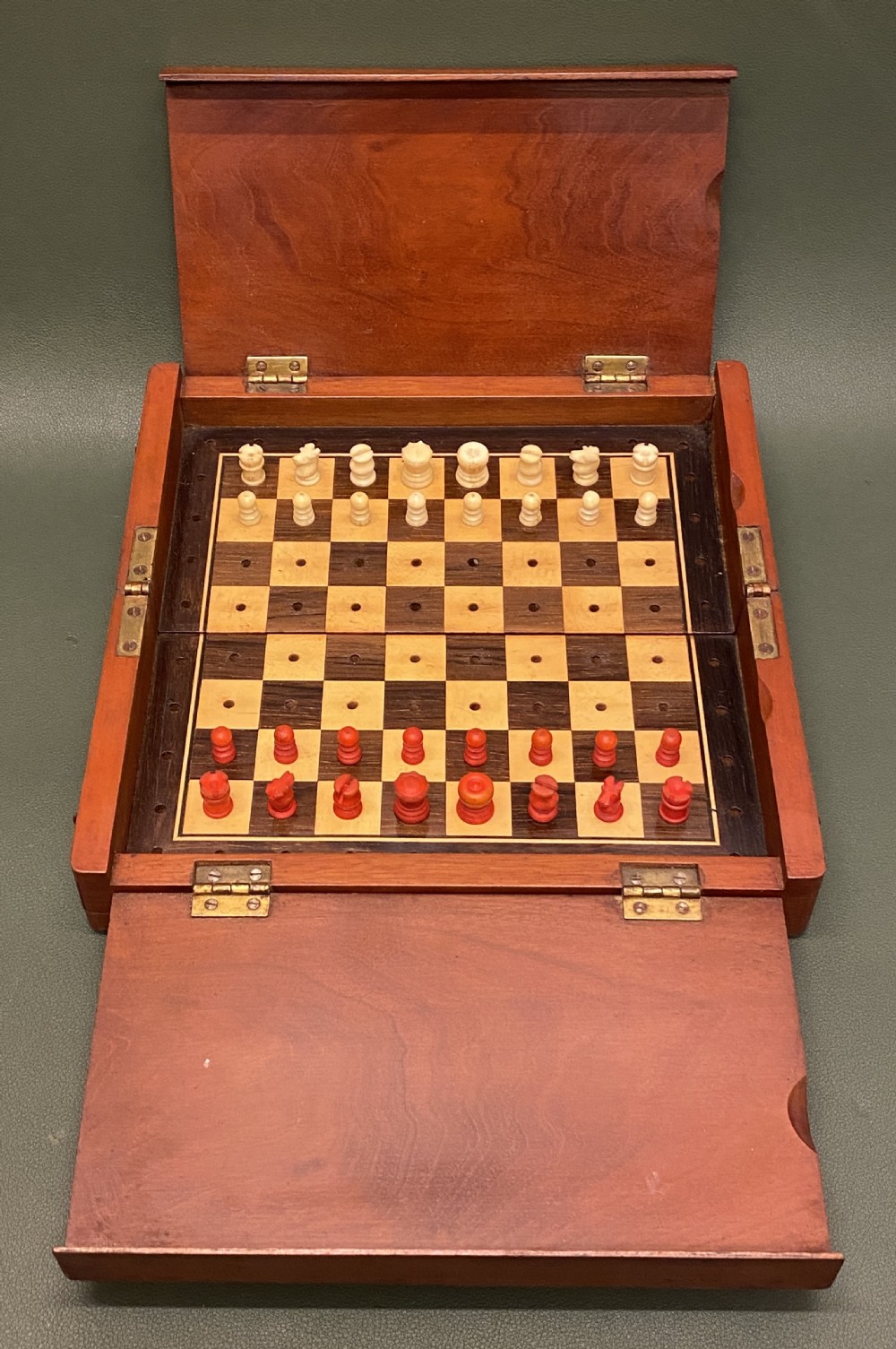 Good 19th century folding mahogany-cased travel chess set