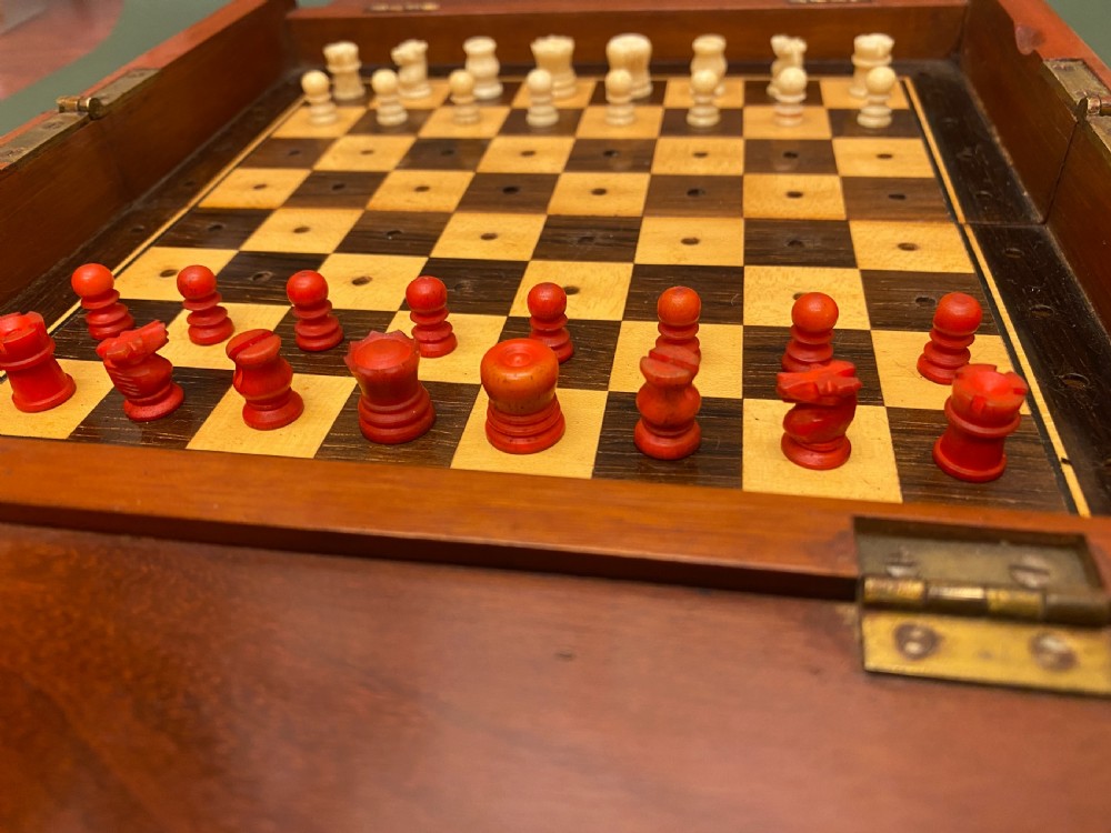 Good 19th century folding mahogany-cased travel chess set View VI