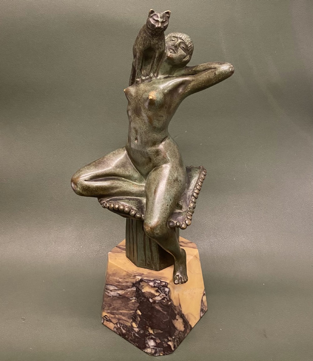 French Bronze Figure Of A Nude Female With A Cat, Signed R.C.Ireland