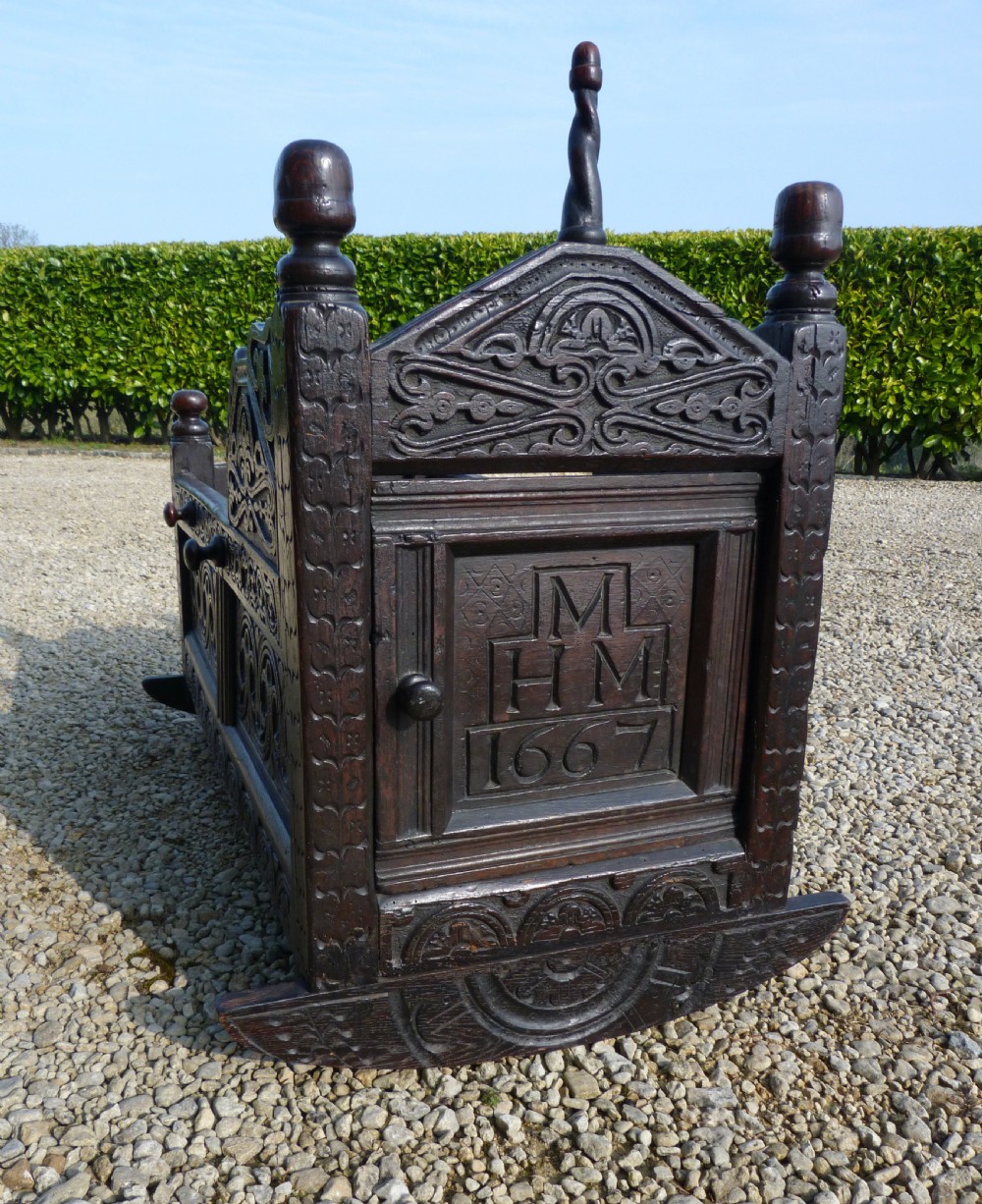 FINE CARVED OAK CRADLE DATED 1677 View IV