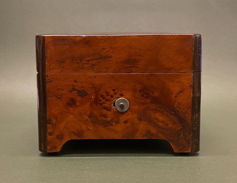 19th century Burr Yew-wood cased music box, of small size, playing 6 beautiful Airs View IX