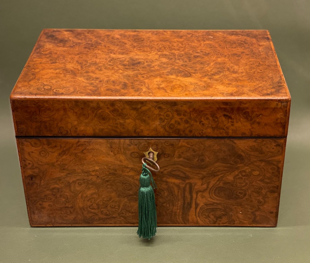 19th century Burr Yew-wood Tea Caddy with single Tea Canister & Blue-Glass Sugar Bowl View VI