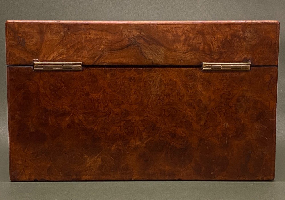 19th century Burr Yew-wood Tea Caddy with single Tea Canister & Blue-Glass Sugar Bowl View IX