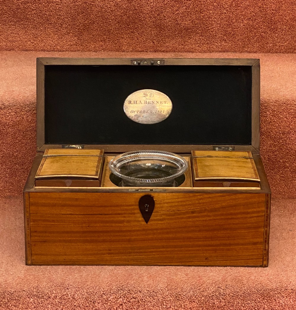 A large Sheraton period inlaid satinwood double TEA CADDY with sugar bowl