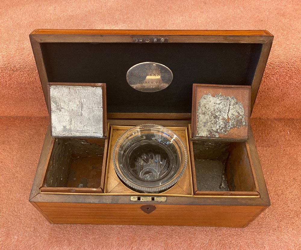 A large Sheraton period inlaid satinwood double TEA CADDY with sugar bowl View II