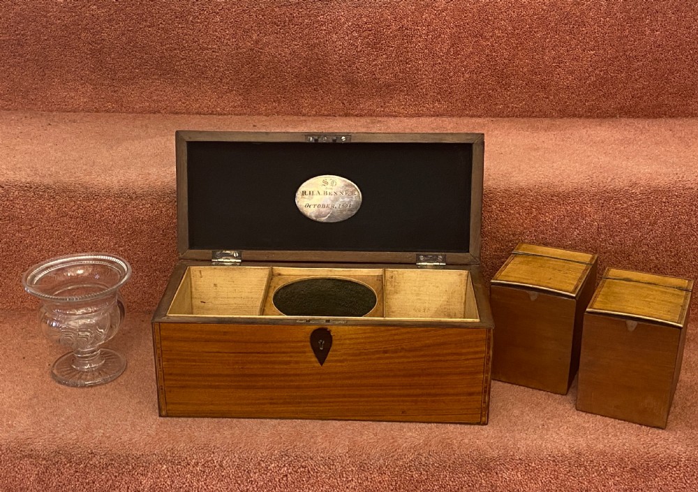 A large Sheraton period inlaid satinwood double TEA CADDY with sugar bowl View III